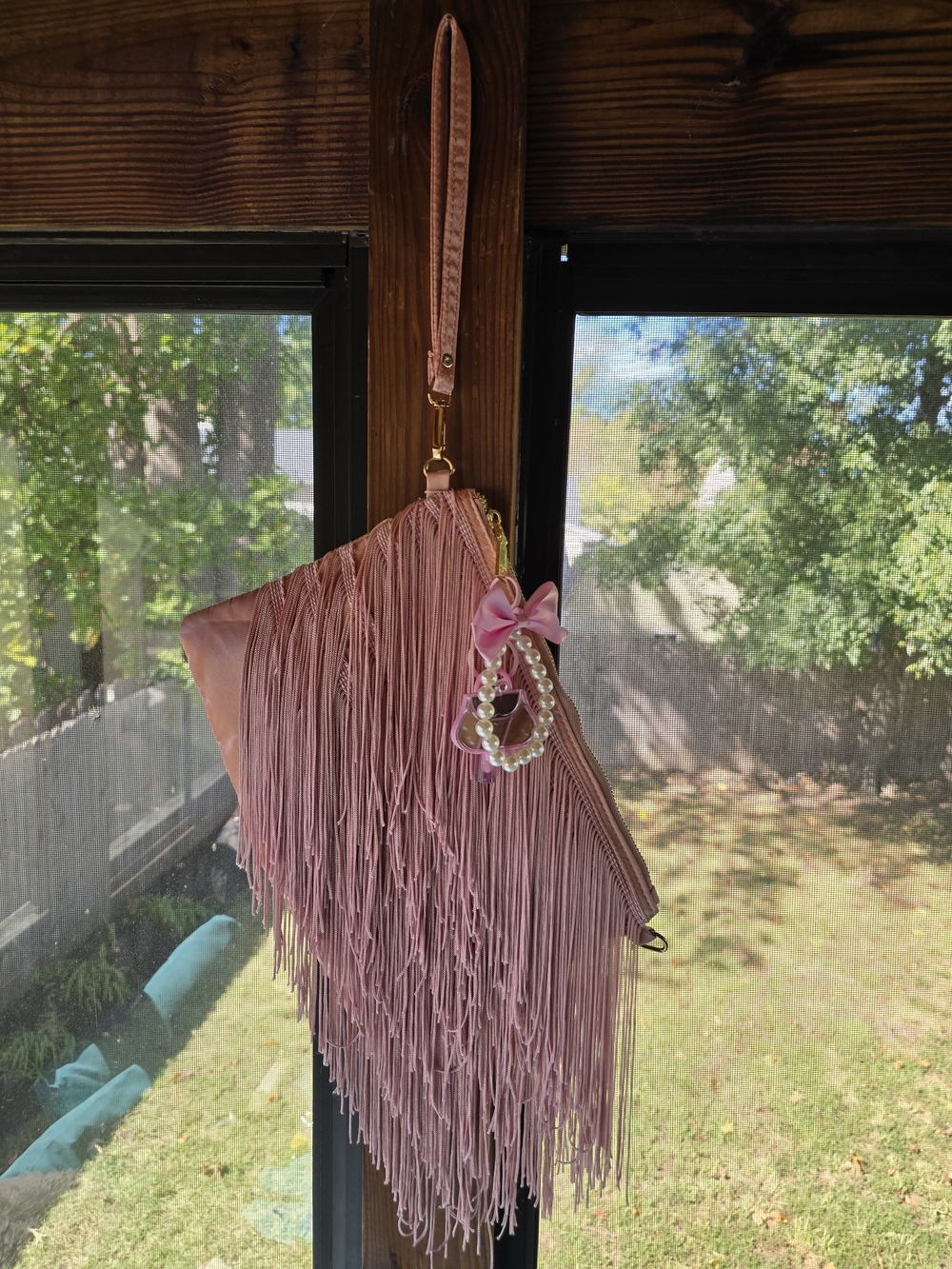 Pink Fringe Convertible Crossbody to Wristket Purse with Pearl Bag Charm - Picture 7 of 11